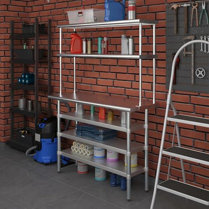 18" x 48" Stainless Steel Work Table with 3 Shelves and 12" Wide Double Tier Overshelf