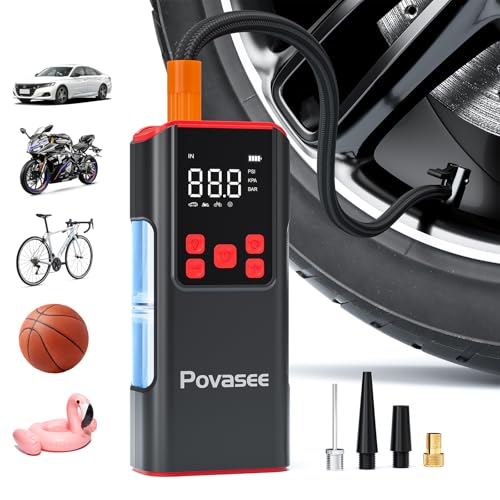 Tire Inflator Portable Air Compressor Povasee 150PSI Portable Air Pump for Tires Cordless Car Tire Inflator with LCD Display