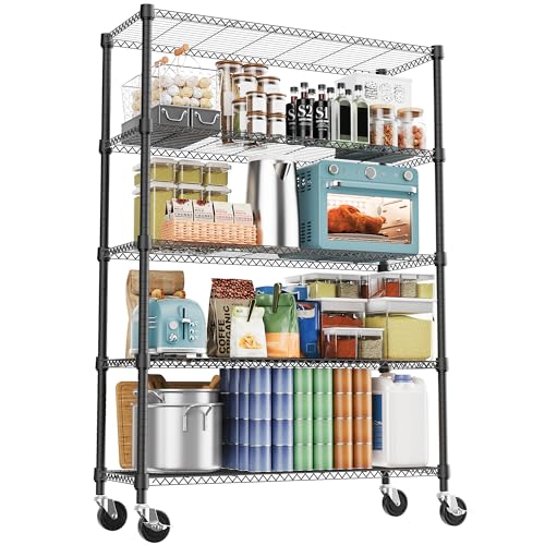 1750LBS 47.2" W 5 Tiers Storage Shelves Metal Shelving Unit with Wheels Heavy Duty Garage Shelving Adjustable Wire Shelves for Pantry
