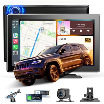 9''HD Carplay Screen for Car 4K Dash Cam&1080P Backup Camera with Apple Carplay&Android Auto Voice Control GPS DVR Call Music Message Mirror Link Airplay