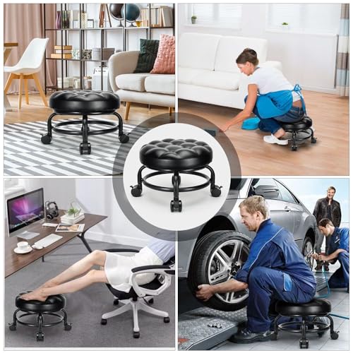 Low Height Rolling Stool Roller Stool PU Leather Comfortable Seat 360°Swivel Rotating