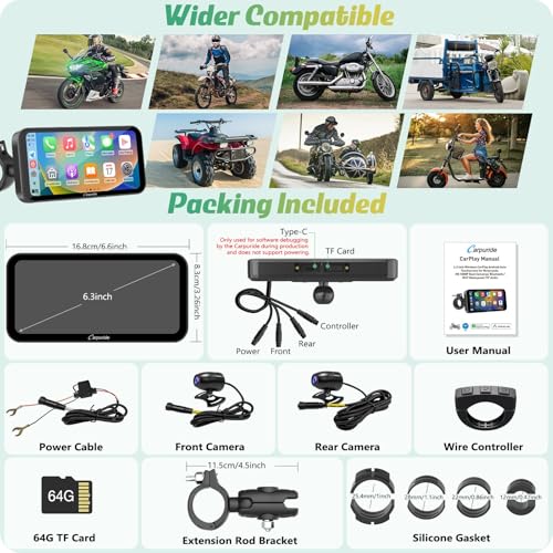 W603D 6.3" Motorcycle GPS Carplay Screen with 1080P Dual Cameras