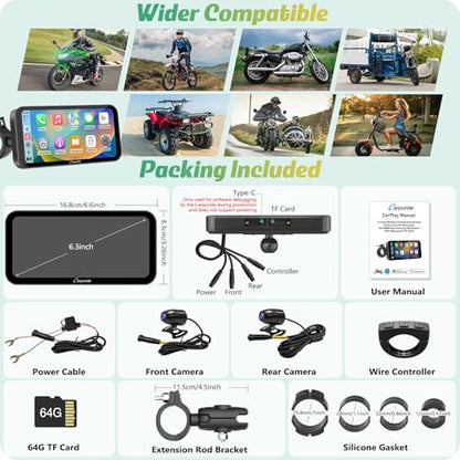 W603D 6.3" Motorcycle GPS Carplay Screen with 1080P Dual Cameras