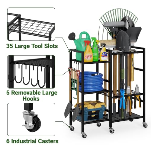 Garden Tool Organizer with 6 Industrial Wheels & Large Hooks