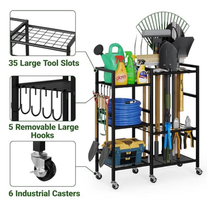 Garden Tool Organizer with 6 Industrial Wheels & Large Hooks