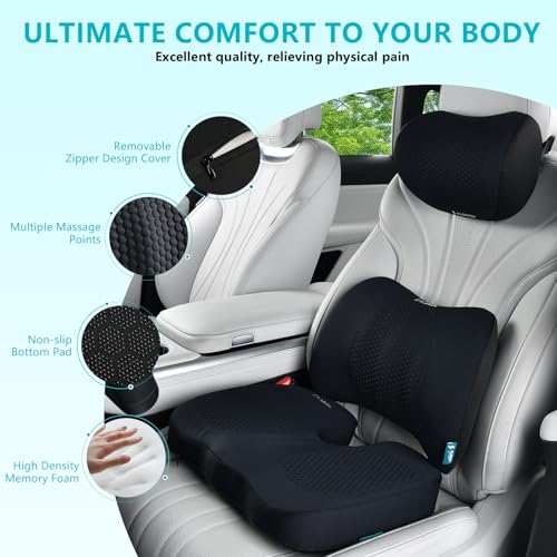 3 PCS Seat Cushion for Carseat Lumbar Support Pillow Car Neck Headrest Pillows Memory Foam Gel Memory Foam Massage Point Seat Pads Pressure Relief Back Cushion for Office Chair (3 Count)
