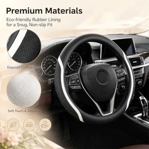 Steering Wheel Cover Black and White Leather Universal 14.5