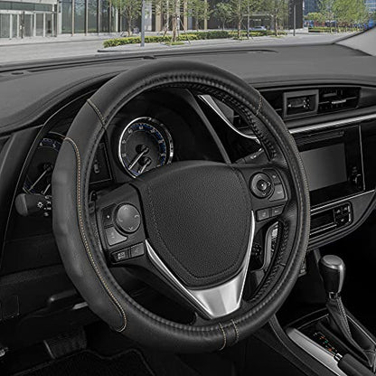 GripDrive Faux Black Leather Steering Wheel Cover for Car Truck Van SUV