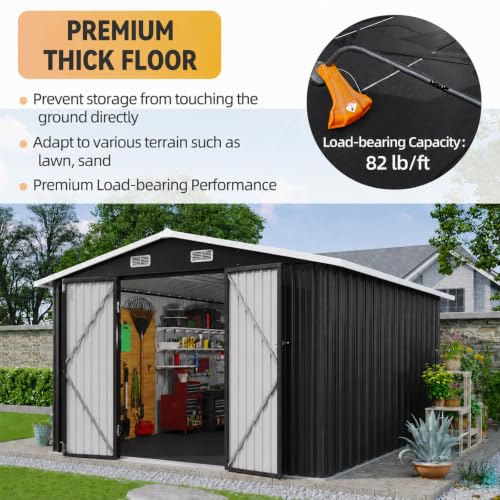 10x12FT Shed with Floor Galvanized Steel Outdoor Storage Shed Black