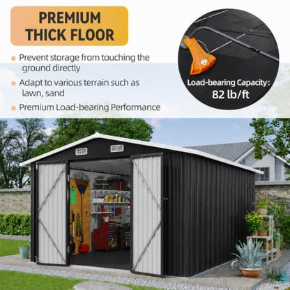 10x12FT Shed with Floor Galvanized Steel Outdoor Storage Shed Black