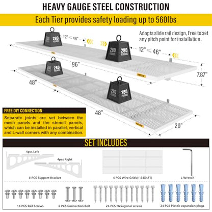 4 Pack 1.64x4ft Adjustable Garage Wall Shelving 1120lbs Load Capacity Heavy Duty Wall Mounted Storage Shelf Metal Floating Shelves for Garage (4 Count)