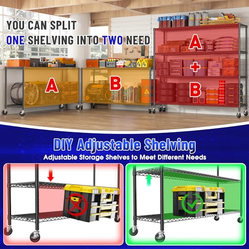 55.52''W Storage Shelves 2480LBS Wire Shelving Unit with Wheels Heavy Duty Metal Shelves for Storage Adjustable Garage Storage Rack Kitchen Shelving (4 Count)