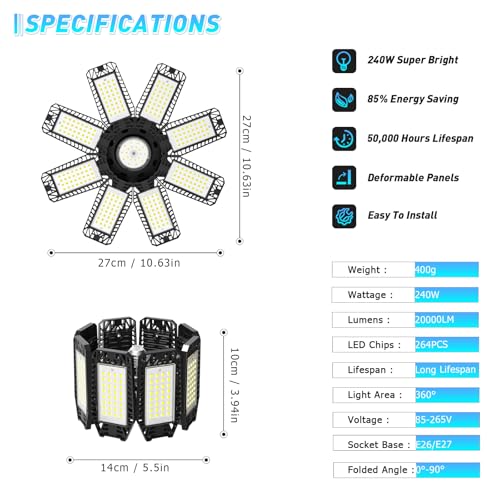 Garage Light 240W 24000LM 6500K Garage Lights Ceiling LED with 8+1 Deformable Panels