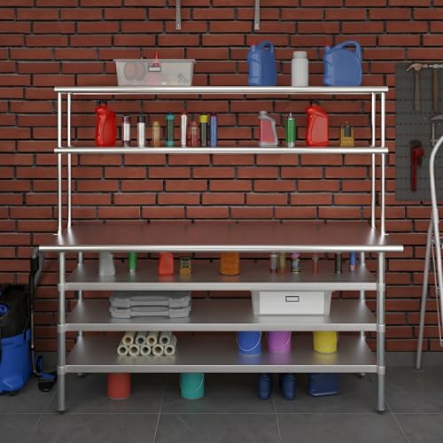 24" x 72" Stainless Steel Work Table with 3 Shelves and 12" Wide Double Tier Overshelf