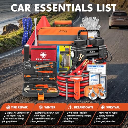 Car Emergency Kit with Portable Air Compressor (112 Count)