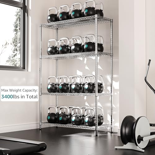 3400 LBS Garage Shelving Wide Storage Shelves 4 Tier Metal Shelves Heavy Duty Adjustable Utility Shelf Rack Chrome 17.7" D x 47.2" W x 70.4" H (4 Count)