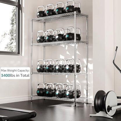 3400 LBS Garage Shelving Wide Storage Shelves 4 Tier Metal Shelves Heavy Duty Adjustable Utility Shelf Rack Chrome 17.7" D x 47.2" W x 70.4" H (4 Count)