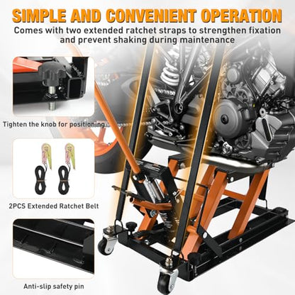 Motorcycle Lift Jack 1500 LBS Hydraulic Lifts ATV Scissor Jacks with Wheel Foot Pedal Handle Ratchet Belt Heavy Duty Lifter Stand Hoist Table for Dirt Bike Garage Storage Repair Tool