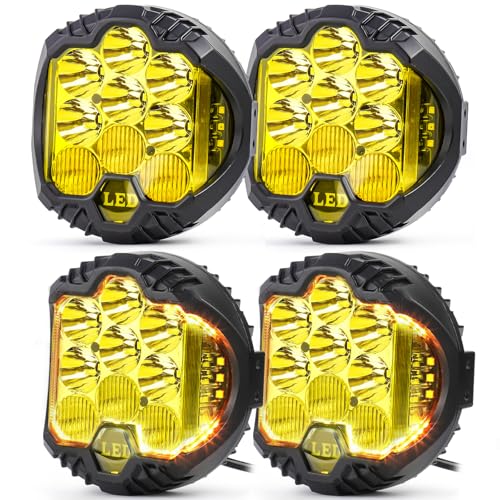 4PCS 5 Inch Amber Yellow Round LED Offroad Light with DRL 90W LED Light Pods 270° Wide Range Super Bright Side Shooter for Pickup Truck ATV UTV SUV (4 Count)