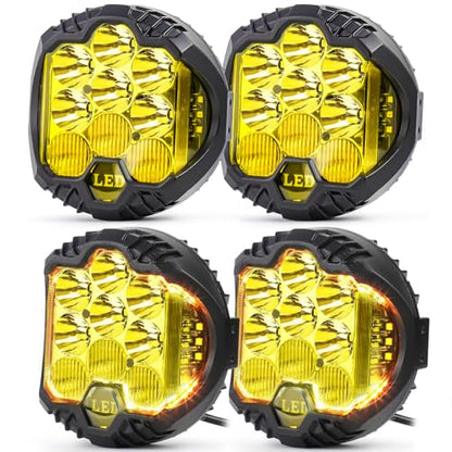 4PCS 5 Inch Amber Yellow Round LED Offroad Light with DRL 90W LED Light Pods 270° Wide Range Super Bright Side Shooter for Pickup Truck ATV UTV SUV (4 Count)