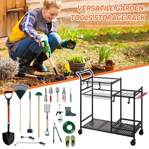Rolling Garden Tool Organizer with Shelves and Hooks