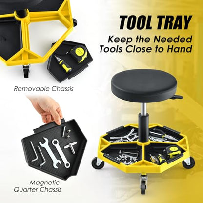 Rolling Mechanic Stool with Removable Tool Tray & Padded Cushion