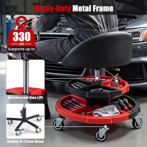 360° Rolling Mechanic Stool with 2 Tool Storage Trays