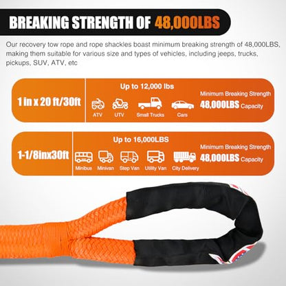 Kinetic Recovery Rope Kit with Soft Shackle Towing Strap