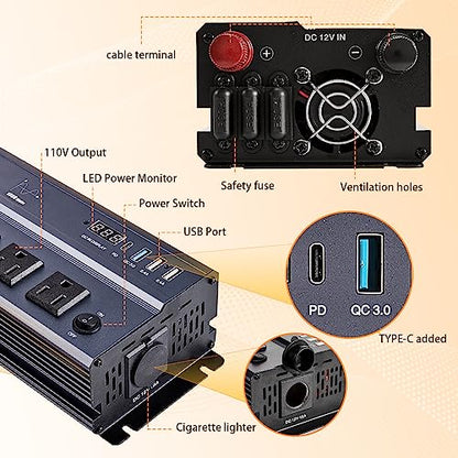 1000W Pure Sine Wave Power Inverter12V DC to 120V AC Converter