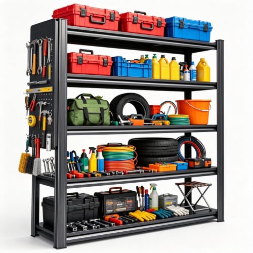 Garage Shelving Unit 5 Tier Metal Rack with Pegboard and 20 Hooks