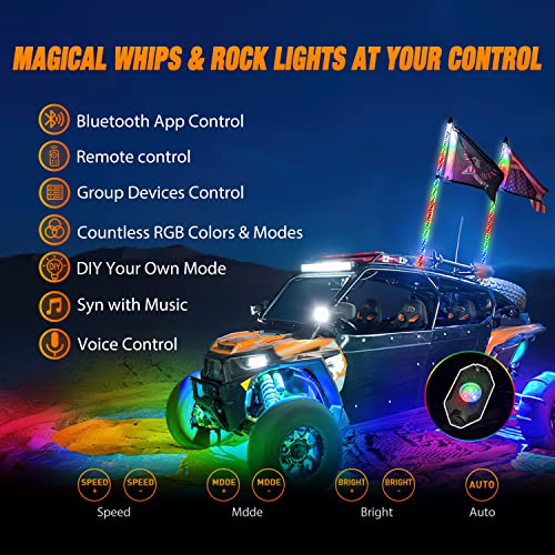 2PCS 3FT RGB LED Whip Light and 4 PCS Rock Lights Combo Kit