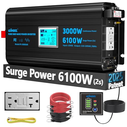 3000 Watt Power Inverter Pure Sine Wave with 6100Watt Surge for 2S 12V DC to 120V AC Converter