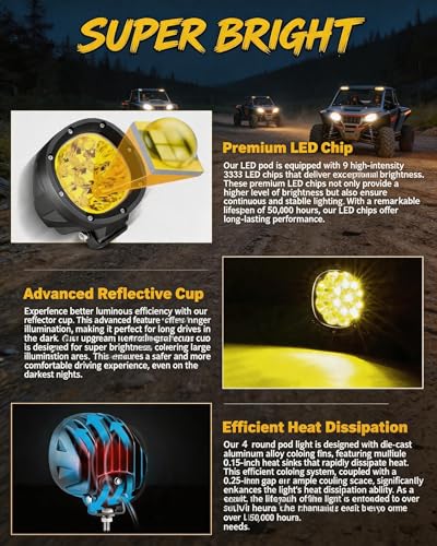 2PCS 4 Inch Amber LED Fog Lights 90W Round Off Road Driving Lights (2 Count)