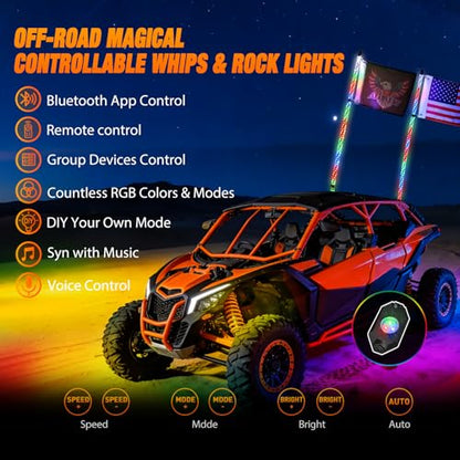 RGB LED Whip Light 2PCS 3FT with 6 Rock Lights Combo