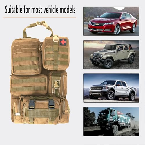 tactical car seat back organizer and storage truck seat covers with a Molle Vehicle Panel and 5 Different Size Molle Pouches for most models such as Jeep