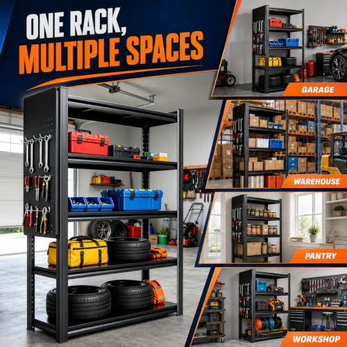 Garage Shelving Unit 5 Tier Metal Rack with Pegboard and 20 Hooks