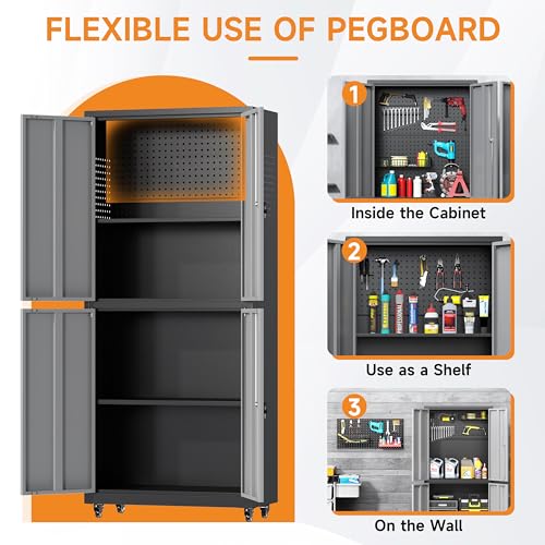71" H Metal Tool Storage Cabinet with Lock and Wheels