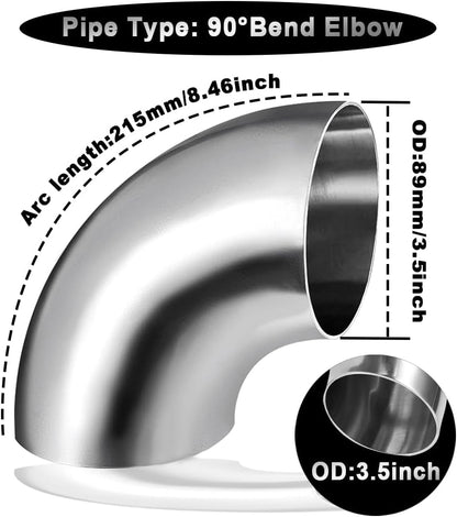 Cotonake OD 3.5 Inch 90 Degree SS304 Stainless Steel Bend Tube Exhaust Elbow Pipe for Car Modified Exhaust System 3.5" Piping Silver Tone，Stair Handrail (1pcs)