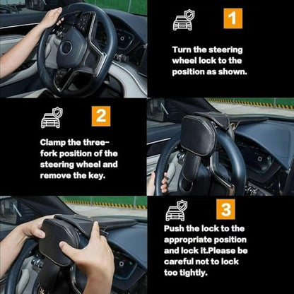 Leather Car Steering Wheel Lock Anti Theft Device Adjustable Length Fit for Cars Trucks Vans and SUVs with 2 Keys Leather Cover & Reinforced Steel Core Scratch
