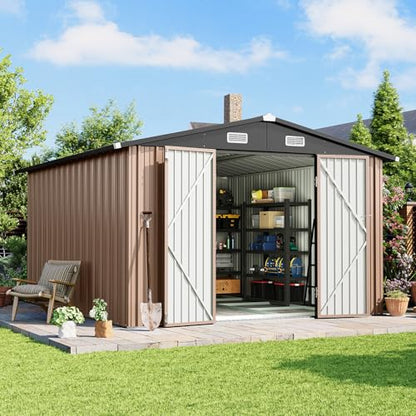 10x12 FT Outdoor Storage Shed with Base & Lockable Double Doors