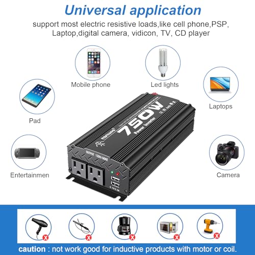12V Inverter 750W Inverter 12V to 110V or Cars Trucks semi Trucks Various Vehicles with 2 AC Power outlets 2USB Ports