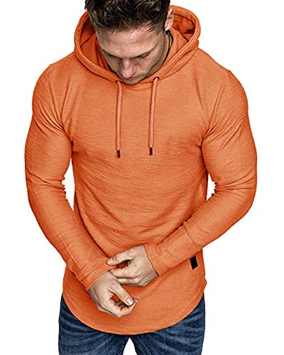 Mens Fashion Athletic Hoodies Sport Sweatshirt Solid Color Fleece Pullover Orange