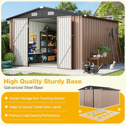 10x12 FT Outdoor Storage Shed with Base & Lockable Double Doors
