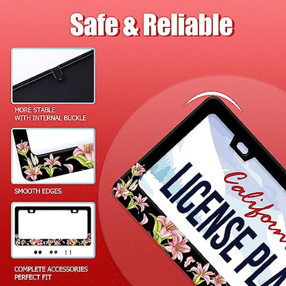 Pink Florals License Plate Frame Stainless Steel Cars Accessory 6.3x12.3In