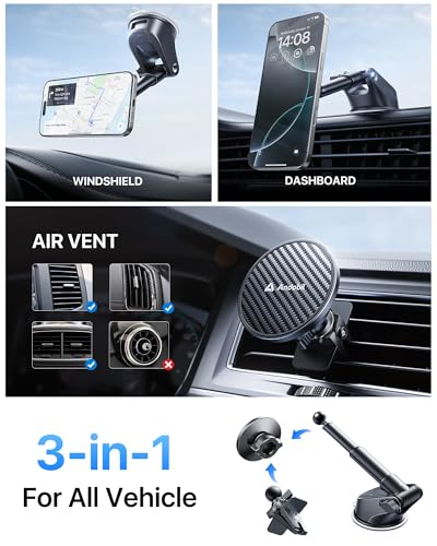 Military Grade】andobil 3 in1 Magnetic Phone Holder for Car Dashboard Windshield Vent 【Upgrade Suction & Strongest Magnet】Retractable for MagSafe Car Mount Mats for iPhone 17 16 15 14 Pro Max Sumsung