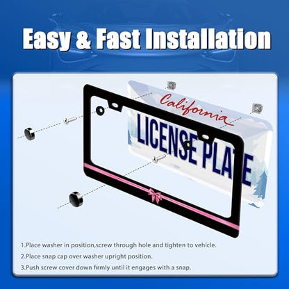Pink Bow License Plate Frame Stainless Steel Accessory 12.3" x 6.3"