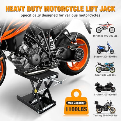 Motorcycle Lift Jack 1100 LBS Motorcycle Scissor Jack Stand Lift with Wide Deck Crank Handle 3.4"