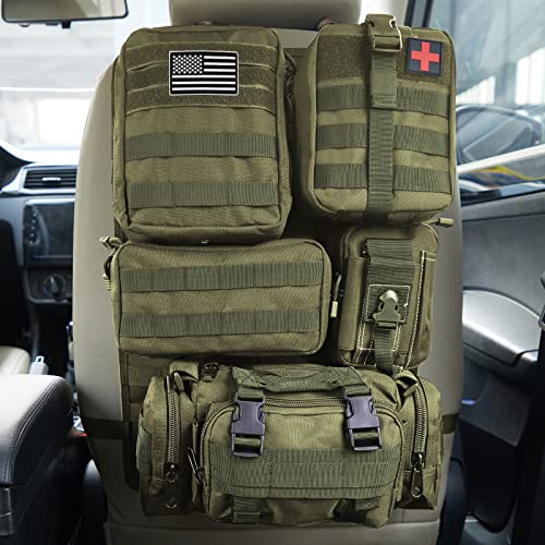 Universal Tactical Car Seat Back Organizer Bag Tactical Molle Vehicle Organizers Panel Vehicle Protector Organizers with 5 Detachable Pouches for Car Truck Ford Jeep