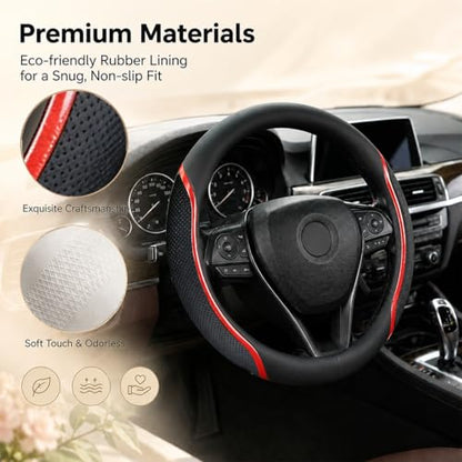 Steering Wheel Cover Black and Red Leather Universal 14.5 (3 Count)