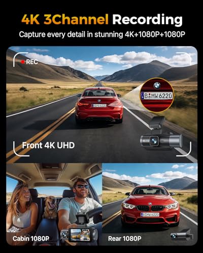 4K 3 Channel Dash Cam Front and Rear Inside